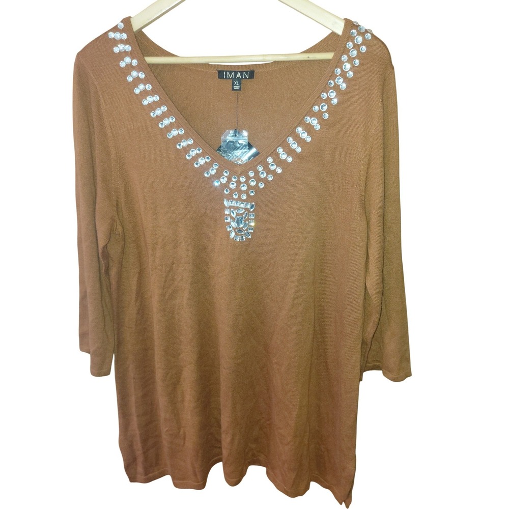 Iman Global Chic Cognac Brown Crystal Embellished V-Neck Sweater XL NWT